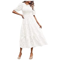 Women's Holiday Dress 2023 Casual Summer V Neck Short Sleeve High Waist Ruffle Tiered A Line Midi Dress, S-2XL