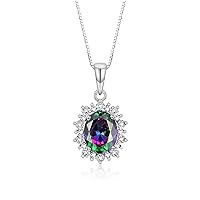 Rylos Princess Diana Inspired Necklace: Gemstone & Diamond Sterling Silver Pendant, 18 Chain, 9X7MM Birthstone, Women's Jewelry