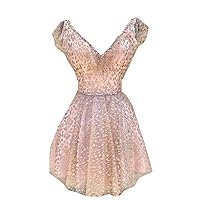 Glitter Tulle V Neck Short Cocktail Party Dresses for Women Girls with Sleeves Rhinestones 2024