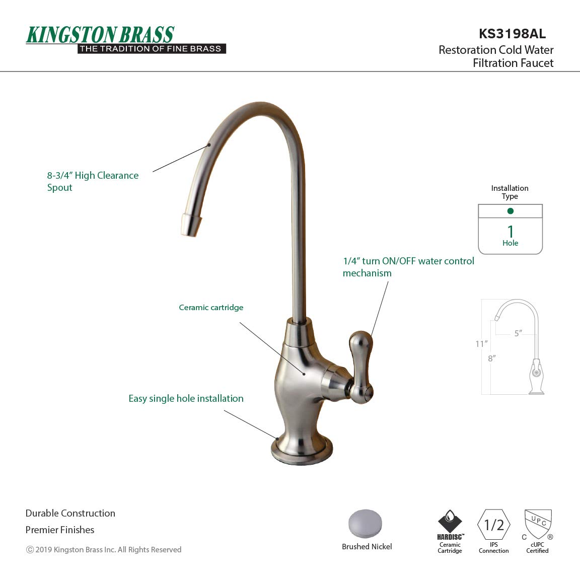Kingston Brass Gourmetier KS3198AL Restoration Single Handle Water Filtration Faucet, Brushed Nickel