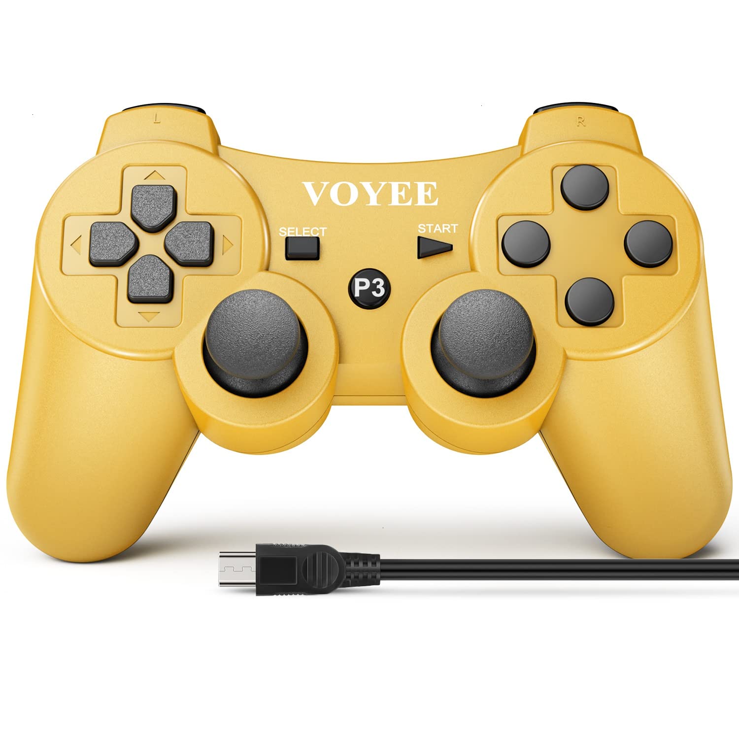 VOYEE Wireless Controller Compatible with Playstation 3 PS-3 Controller with Upgraded Joystick/Rechargerable Battery/Motion Control/Double Shock (Gold)