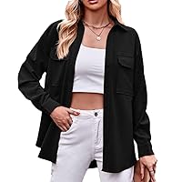 Women's 2023 Fall Clothes Plaid Shacket Jacket Long Sleeve Button Down Shacket Solid Color Shirts Fashion Blouse with Pockets,M