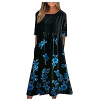 Summer Dresses for Women 2023 Plus Size Boho Floral Loose Dresses Casual Crewneck Short Sleeve Beach Midi Dress