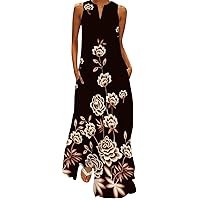 Women's Vintage Floral Maxi Dress Summer Plus Size Sleeveless V Neck Tank Dress Vacation Beach Sundress with Pockets