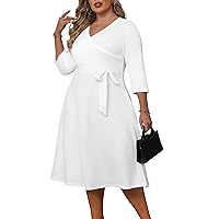 CLOCOR Plus Size Dress for Women 3/4 Sleeve Wrap Midi Dress V Neck Casual Belted Dresses with Pockets