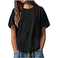 Ladies Cute Short Sleeve Shirts Blouse, Womens Fashion Summer Top 2024 Crewneck Oversized Tshirts Solid Color Tee Shirt