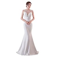 Women's Appliques O Neck Mermaid Long Satin Formal Evening Dress Prom Homecoming Party Cocktail Dresses Gown