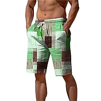 Mens Beach Linen Short Pants Summer Trendy Plaid Print Hawaiian Vacation Shorts Lightweight Elastic Waist Baggy Shorts