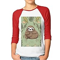 Women's 3/4 Sleeve Shirts Baseball Tee Sloth on The Grass Raglan Shirts Casual Tops Comfy Blouses