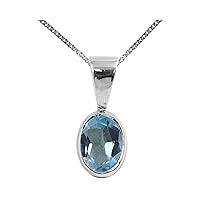 Beautiful Jewellery Company BJC® Solid 9ct White Gold Natural Blue Topaz Single Oval Solitaire Pendant 1.50ct & 9ct White Gold Curb Necklace Chain