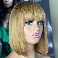 180 Density 27 Honey Blonde Straight Bob Human Hair With Bangs HD Transparent Lace Front Brazilian Remy Hair Highlight Blonde Short Bob With Bang 13X4 Glueless Pre Plucked 27color Human Hair Wig Women