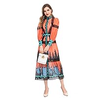 Women Evening Gown Dress Orange Casual Floral Patchwork Party Dress with Belt