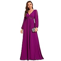 Ever-Pretty Women's V Neck Long Sleeves Floor Length Ruched Chiffon Formal Dress 00461