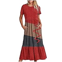 Women's Short Sleeve Loose Maxi Dresses, Ladies Casual Long Dresses with Pockets, Color Block Flowy Beach Dress