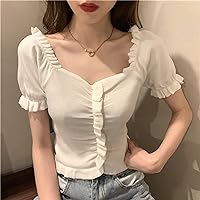 GANG New Summer Women's V-Neck Puff-Sleeve Crop top in a Chic Pleated Knit Casual tee (Color : White, Size : Large)