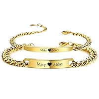 VIBOOS Personalized Bracelets Set Engraving Name Date for Men Women Couple Stainless Steel Bar Custom Ankle Adjustable Curb Link Relationship Chain Lover Boyfriend Girlfriend Gift