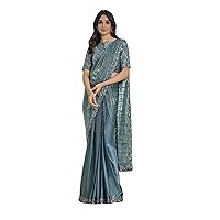 Sage Indian Satin crepe Applique Blouse One minute saree Ready to wear sari 3527