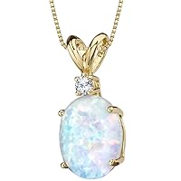PEORA 14K Yellow Gold Created White Opal with Genuine Diamond Pendant for Women, Elegant Solitaire, Oval Shape, 10x8mm, 1 Carat total