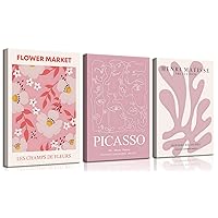3Pcs Framed Matisse Wall Art, Abstract Picasso Exhibition Posters Pink Flower Market Canvas Prints Aesthetic Wall Decor Pictures for Living Room Bedroom Gallery Home Decoration