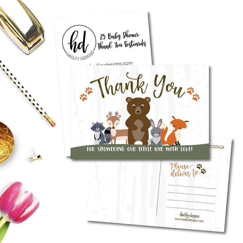 25 Girl or Boy Woodland Baby Shower Thank You Note Card Bulk Set, Blank Cute Animals Gender Reveal Neutral Sprinkle Postcards, No Envelope Needed For Party Gift, Personalize Printable Cardstock