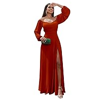 Off Shoulder Bridesmaid Dresses with Slit A Line Chiffon Long Sleeve Formal Prom Dress for Women MA29