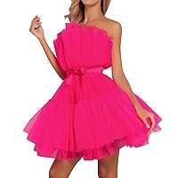 Women's Butterfly Pleated Spring Dresses 2024 Summer Tulle Cocktail Bow Tie Flounce Solid Tutu Dress Wedding Mesh Fairy Dress
