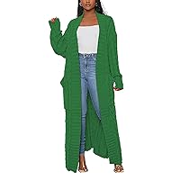 LAJIOJIO Womens Long Sleeve Open Front Knit Long Cardigan Coat Casual Loose Waffle Knitted Maxi Sweaters Pockets Coat Outwear