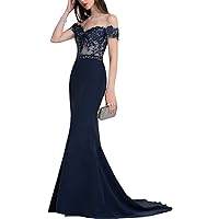 Off The Shoulder Long Lace Mermaid Navy Blue Sexy Evening Dress Prom Dress