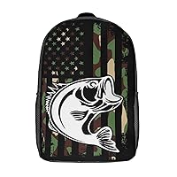 Camouflage American Flag Bass Fishing 17 Inches Travel Backpacks Funny Shoulder Bag Lightweight Daypack