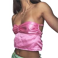 Seyurigaoka Women Halter Neck Crop Cami Top Vintage Tie Back Ruched Bandage Tank Sleeveless Slim Fit Vest Fashion Streetwear(Ruched-Pink,Medium)