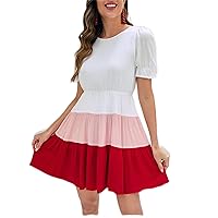 Dresses for Women - 1pc Colorblock Puff Sleeve Ruffle Hem Dress