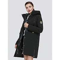 Jackets for Women - Flap Pocket Patched Drawstring Hooded Puffer Coat (Color : Dark Green, Size : X-Large)