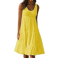 Summer Sleeveless Tank Dress for Women Scoop Neck High Waist Pleated Casual Sundress Flowy Tiered Swing A Line Mini Dress