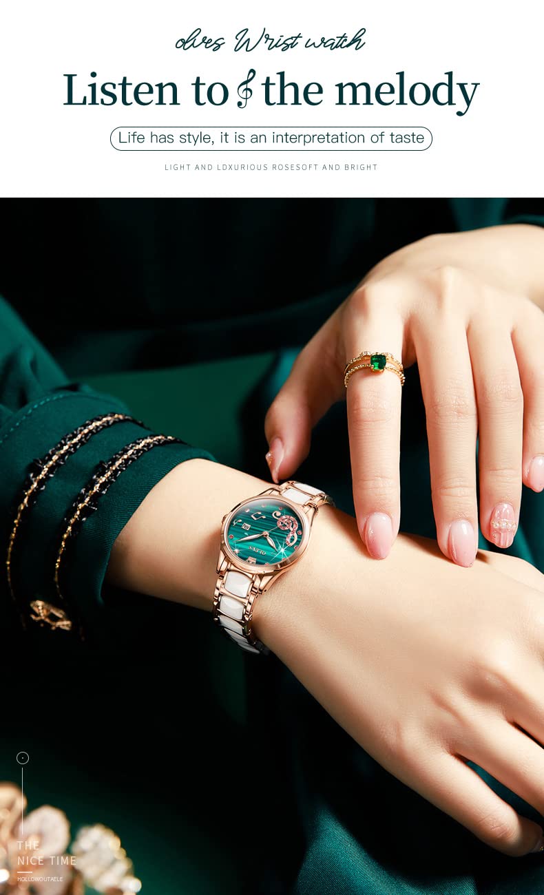 OLEVS Womens Wrist Watches Rose Gold Elegant Ceramic Ladies Watch Set Quartz Stainless Steel Waterproof Luminous