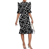 Womens Summer Dresses Geometric Print Puff Sleeve Mermaid Hem Midi Dress