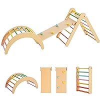 Beright 4 in 1 Pikler Triangle Gym, Montessori Foldable Climber with Ramp, Indoor Climbing Toys for Kids, Climbing Triangle for Toddlers Arch Climber, Rocker, Learning Waldorf Children Toy, Rainbow