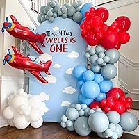 Airplane Birthday Party Decorations 151pcs Airplane Balloon Garland Arch Kit Dusty Blue and Red with Airplane Mylar Balloon for Time Flies Theme Birthday Baby Shower Party Supplies