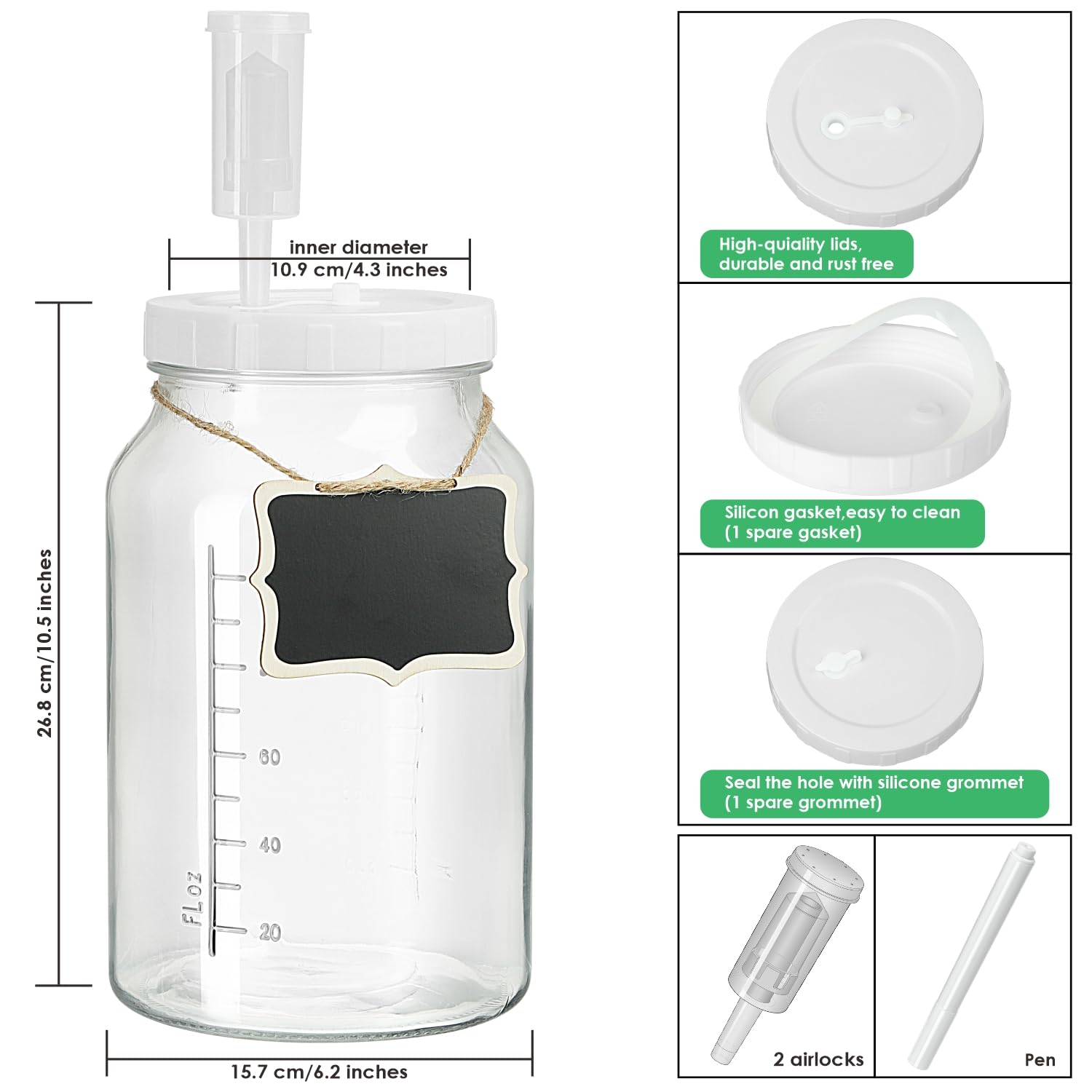 1 Gallon Large Fermentation Jars w 2 Airlocks and 1 SCREW Lid - 100% Airtight Heavy Duty Lid w Silicone 2 Gaskets & 2 Grommets - Wide Mouth Glass Jars w Scale Mark - Pickle Jars for Sourdough Starter