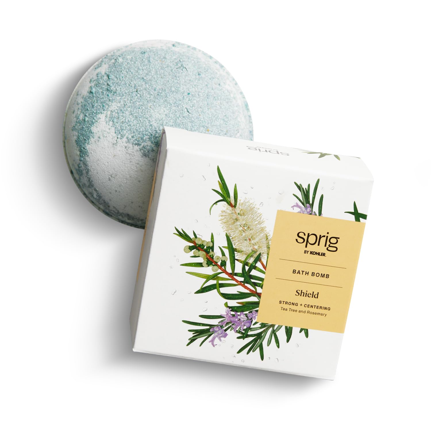Sprig by Kohler Tea Tree + Rosemary Bath Bomb, Hypoallergenic, Made with Natural Botanicals & Premium Skincare Ingredients (Shea Butter, Coconut Oil, & Kaolin Clay) to Purify and Center - Shield