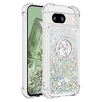 for Google Pixel 8A 5G Case with Ring Kickstand, Clear Glitter Bling Sparkle Quicksand Flowing Liquid Soft TPU Shockproof Protective Phone Cover for Google Pixel 8A 5G, Silver