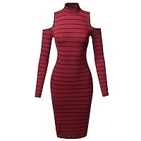 Made by Emma Women's Casual Striped Long Sleeve Mock Neck Cut Off Shoulder Midi Dress