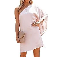 Women's One Shoulder Cape Mini Dress Casual Loose Batwing Sleeve T-Shirt Dress Solid Color Party Club Cocktail Dress (X-Large,Pink 3)