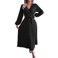 Womens Elegant Temperament Large Long Sleeve Solid V Neck Lace Pleated Skirt Short Dress with Pockets