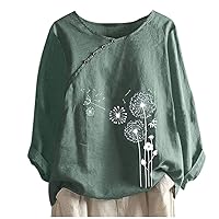Womens Cotton Linen Dandelion Print T Shirt Fall Long Sleeve Tunic Top Casual Plus Size O Neck Button Blouse Shirt