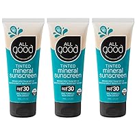 All Good Tinted Mineral Sport Sunscreen Lotion for Face & Body - UVA/UVB Broad Spectrum, SPF 30, Coral Reef Friendly, Water Resistant, Coconut Oil, Jojoba Oil, Shea Butter, Aloe (3 oz)(3-Pack)
