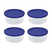 Pyrex Storage 4 Cup Round Dish, Clear with Blue Lid, Pack of 4 Containers