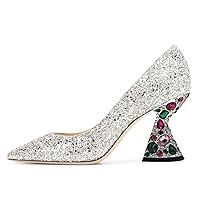 YDN Women Rhinestone Pumps Studded High Heels Pointy Toe Slip on Special Kitten Party Prom Shoes Size 4-16 US