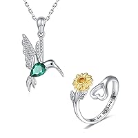 925-Sterling-Silver Charm Hummingbird Pendant Necklace and Sunflower Heart Ring Set