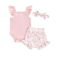 Baby Girl Summer Outfits Floral Print Sleeveless Romper Ruffle Bloomers Shorts Headband 3Pcs Newborn Clothing Set