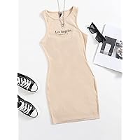 Summer Dresses for Women 2022 Letter Graphic Rib-Knit Dress Dresses for Women (Color : Apricot, Size : Large)